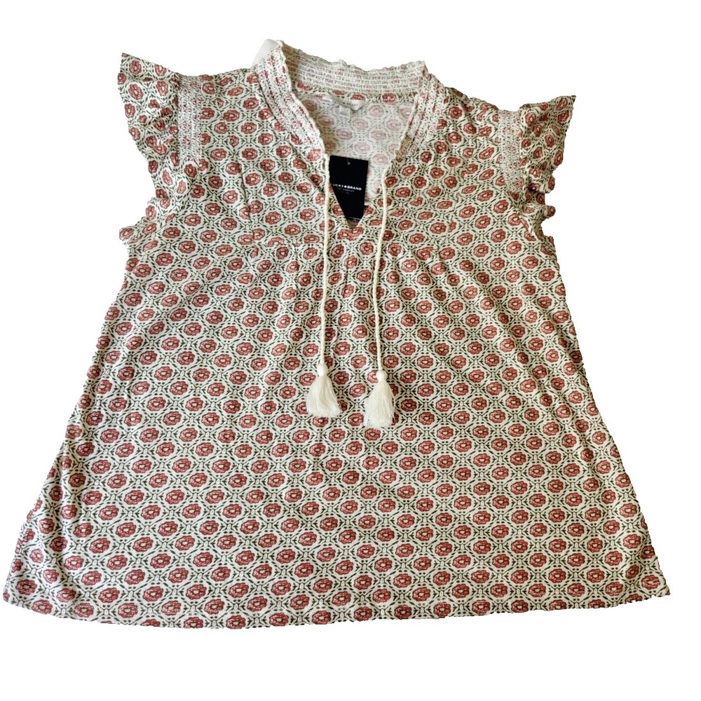 Lucky Brand Floral Peasant Top Tassel Tie Cottagecore Boho Smocked Small NWT